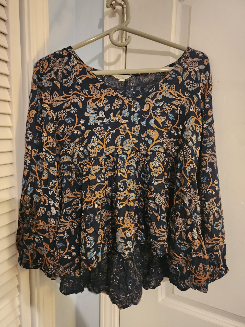 Lucky Brand Navy Floral Peplum Blouse with Tan Accents